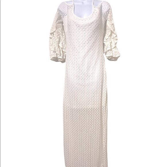 REVE Crochet Maxi Dress Bell Ruffle Sleeve Ecru Size Large - Picture 4 of 6